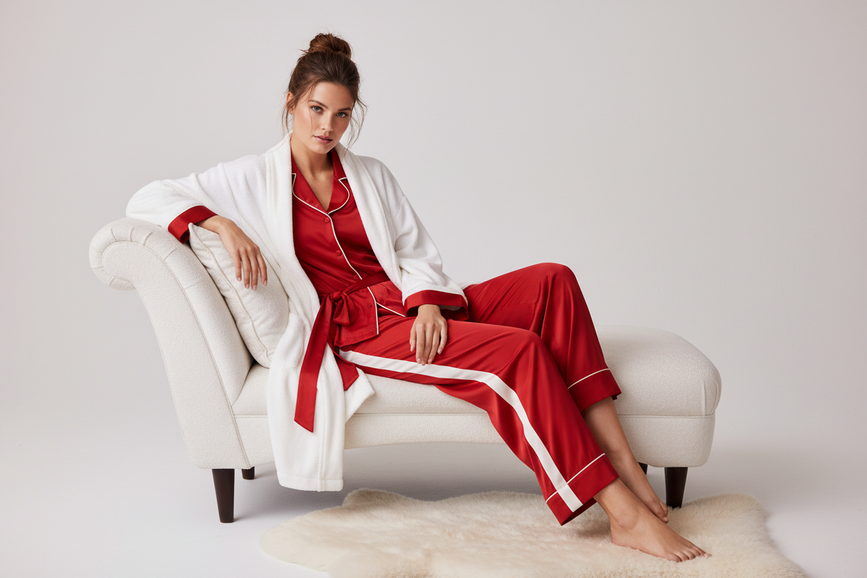 RED WHITE LOUNGE WEAR BEDTIME MODEL SHOWCASING 